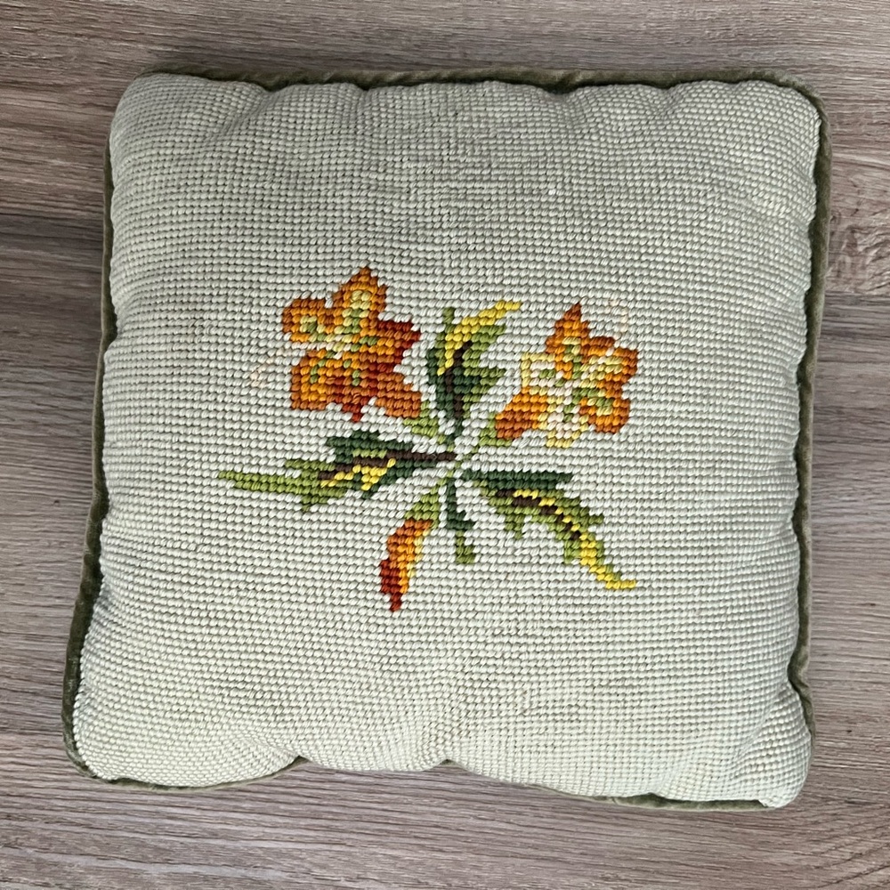 Vintage Floral Needlepoint Decorative Throw Pillow